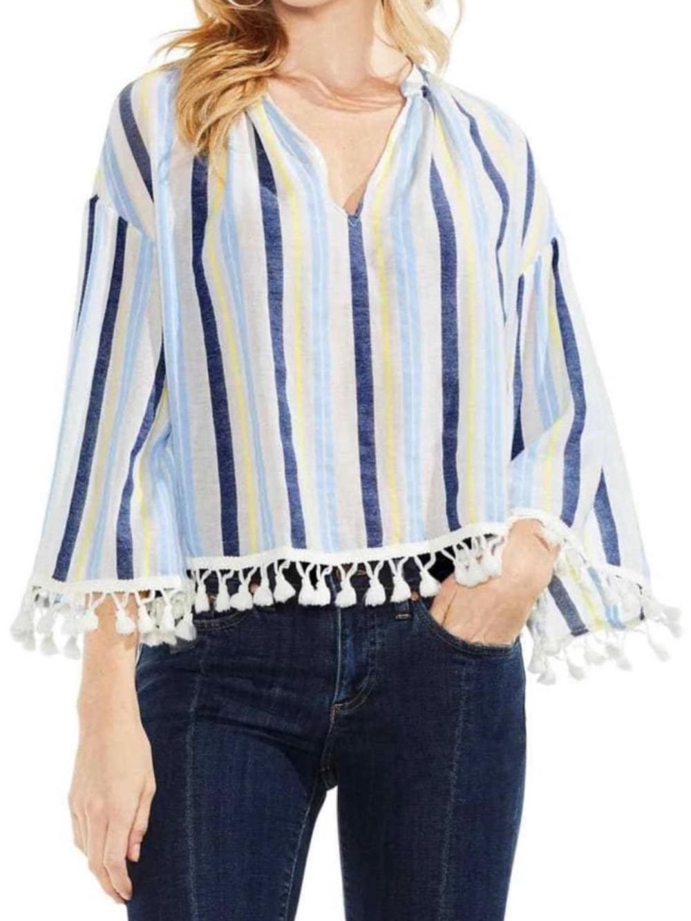 Vince Camuto Blue, White & Yellow Striped Tassel-Hem Tunic